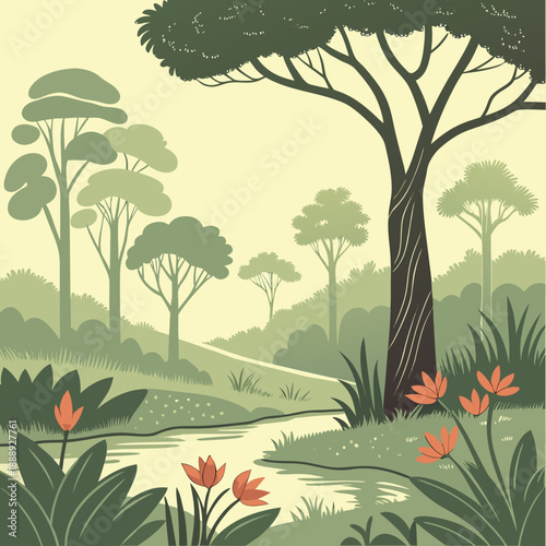 Vector illustration of a vibrant tropical forest clearing, flat design style with abundant green plant life.