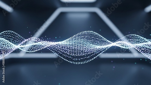 Futuristic digital wave particles flowing through a dark hexagonal tunnel with a glowing neon effect from a forward viewpoint