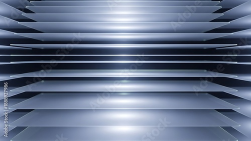 Futuristic metallic layers converging at a radiant center, viewed from a straight-on perspective, creating an abstract technological scene