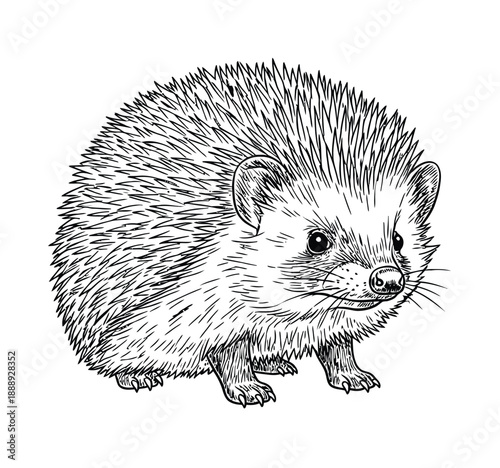 Detailed black and white illustration of a hedgehog, showing its quills, small round eyes, and pointed snout, conveying a sense of curiosity.