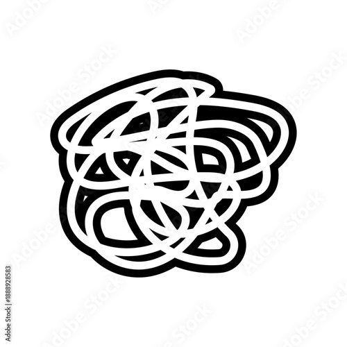 黒の太線で絡み合う落書き線が象徴する思考の混乱と悩みの概念アイコン 感情表現や問題提起に使える透過ベクター素材/Black Bold Tangled Scribble Lines Representing Mental Confusion and Anxiety Concept Icon Transparent Vector Illustration
