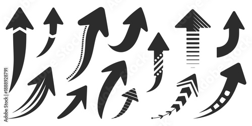 Up arrows vector illustration, black rising arrow symbols representing increase trend