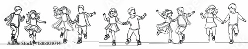 line art of small children dancing happily while holding hands