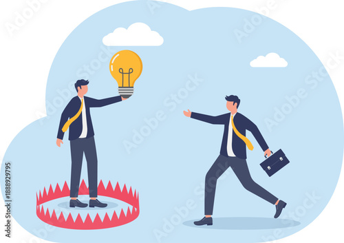 Creative Idea Trap Concept with Professional Luring Colleague with Lightbulb Into Trap