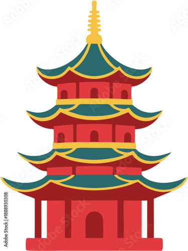 Traditional Chinese Pagoda Temple Building Illustration.