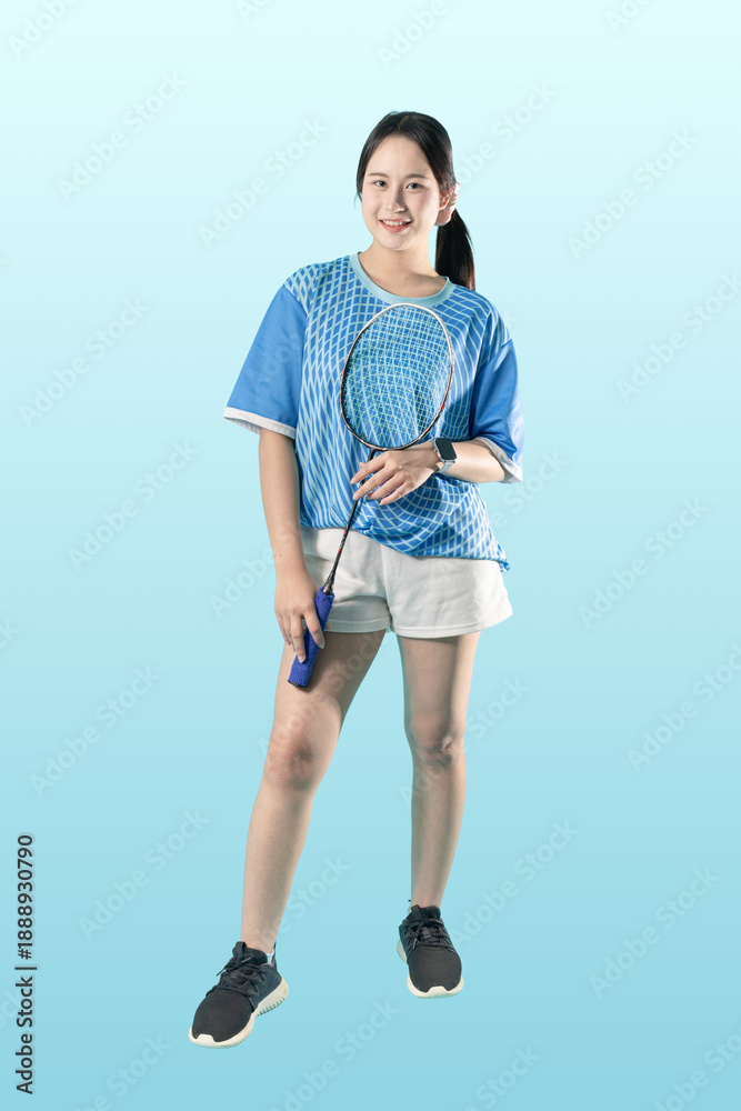Obraz premium Portrait Happy smiling Asian woman with badminton racket. Badminton Player Athlete action in studio