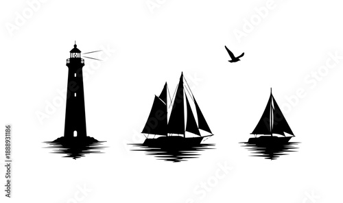 Lighthouse and Sailboats on Calm Sea