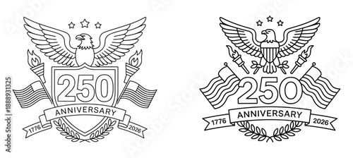 American Eagle emblem with patriotic symbols celebrating the 250th anniversary with flags and torches