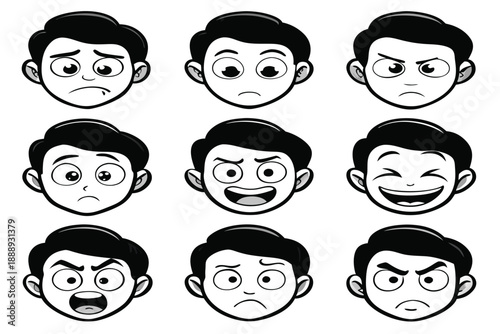 Set of Ten Cartoon Expressions Featuring Multiple Emotions for Character Design and Media