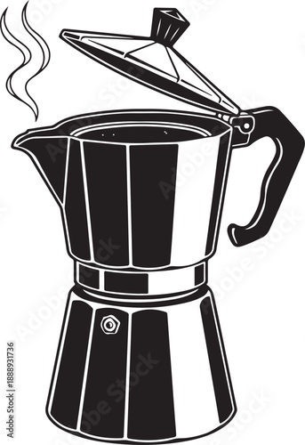 Traditional Italian Stovetop Espresso Maker with Rising Steam Black and White Icon