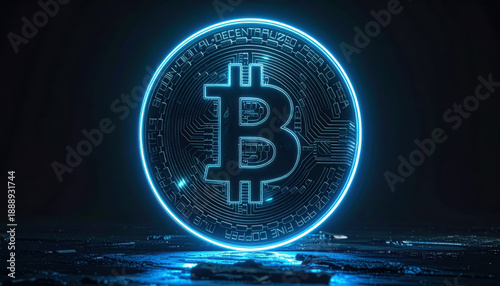 Glowing blue Bitcoin symbol with a circuit board pattern, representing cryptocurrency and digital assets