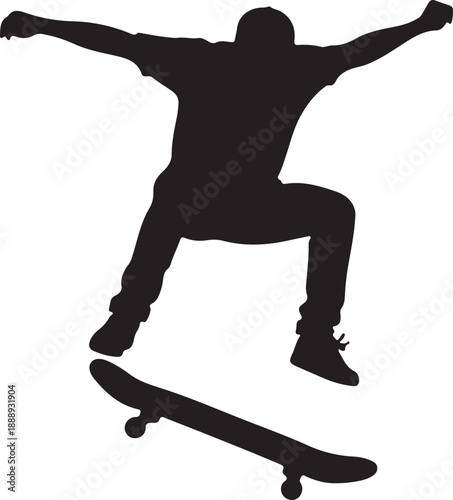 Skateboarder Performing Jump Trick Silhouette on White Background