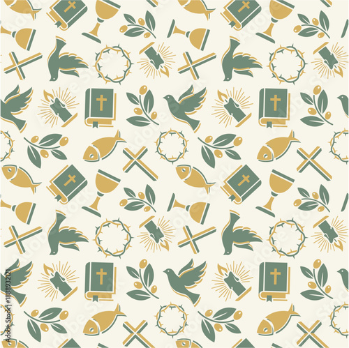 Peaceful Christian Easter Seamless Pattern with Sage Green and Cream Religious Icons for Harmony