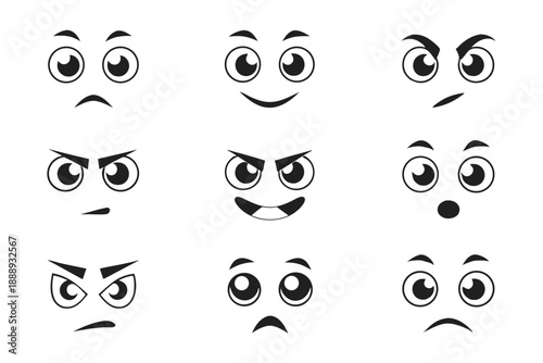 Ten Unique Hand Drawn Style Cartoon Faces Representing Different Human Emotions for Creative Projects