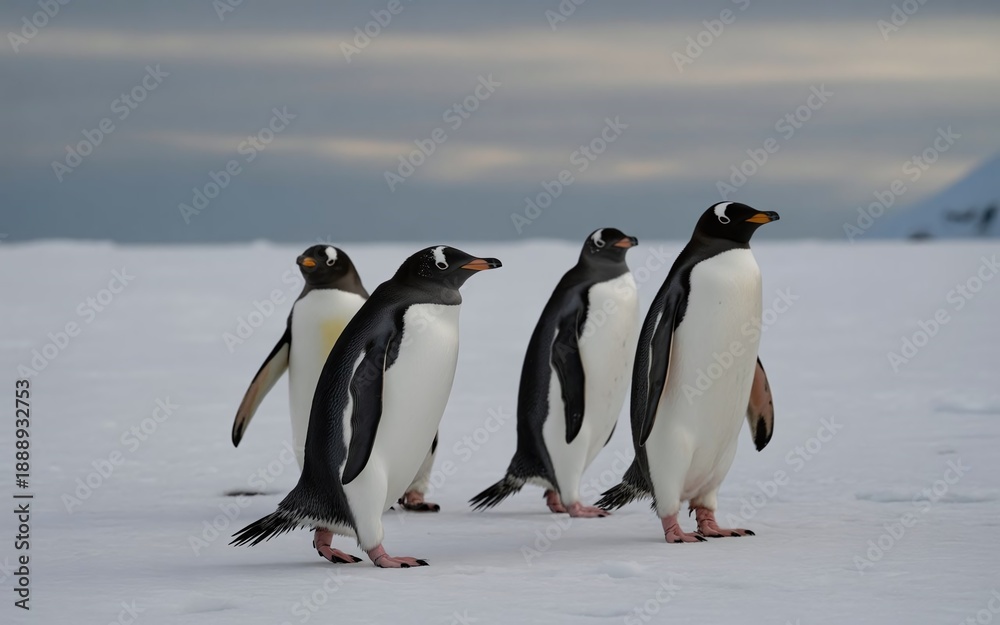Fototapeta premium Group of Penguins Walking Across Snowy Landscape Under Overcast Arctic Sky