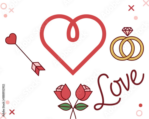 Delightful vector illustration depicting essential elements of love and romance a heart, wedding rings, red roses, and a cupid's arrow, symbolizing affection and commitment for Valentine's Day