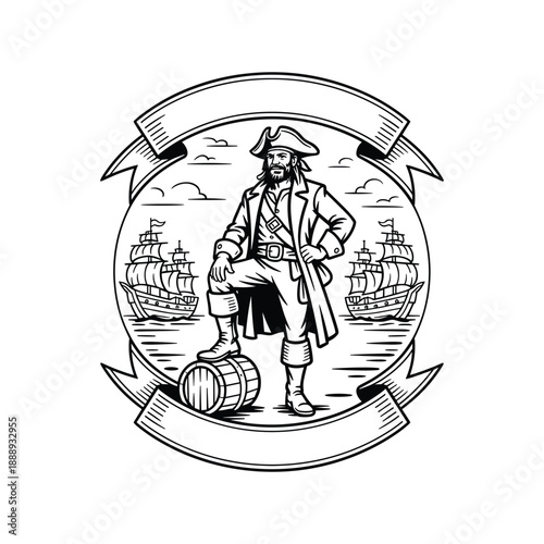 Fearsome pirate captain standing on a barrel with sailing ships in the background and a ribbon banner