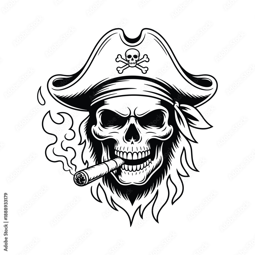 Fototapeta premium Fierce skull wearing a pirate hat and bandana smoking a cigar with smoke emitting from its mouth