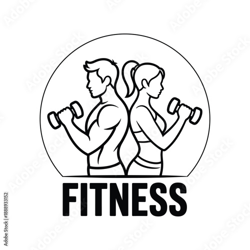 Fitness logo illustration with a man and woman holding dumbbells inside a circle