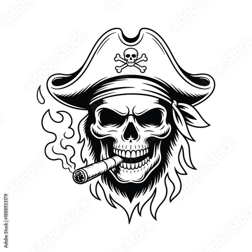 Fierce skull wearing a pirate hat and bandana smoking a cigar with smoke emitting from its mouth