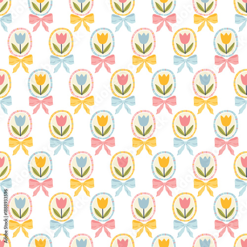 Tulip seamless pattern with cute flower portraits in cameo frames and flirty bows. Childish naive vector illustration for spring textile, modern packaging and silly floral background.