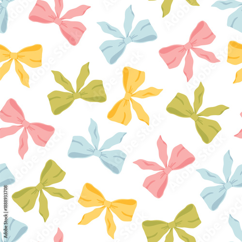 Bow seamless pattern with cute colorful ribbons in cartoon style for textile and packaging design. Minimalist flirty hand-drawn element for childish stationery and modern fabric background.