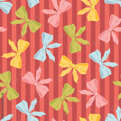 Bows seamless pattern on red striped background for gift wallpaper. Stylish flirty cute ribbon doodle in cartoon naive minimalist style for festive textile, nursery fabric, stationery and packaging.