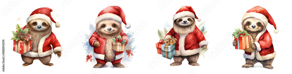 Naklejka premium Adorable Christmas sloth collection in Santa outfits watercolor illustration on a transparent background