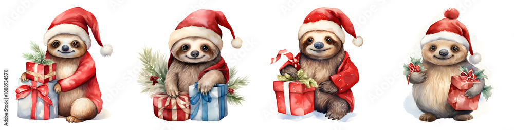 Fototapeta premium Adorable Christmas sloth illustrations set on a transparent background