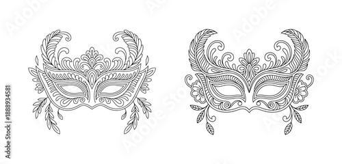 Intricate ornamental masquerade masks with floral and feather detailing isolated on transparent background
