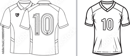 A black and white line art vector showcasing two soccer jersey designs: a collared shirt with "10" on the back and a crest, alongside a V-neck jersey featuring "10" on the front.