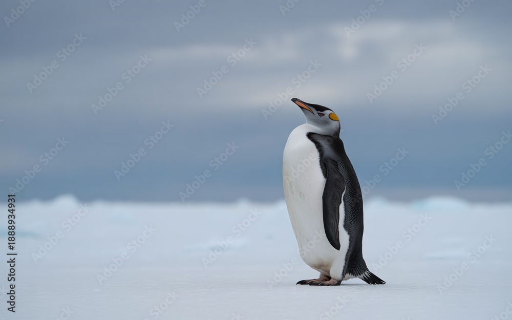 Obraz premium Lonely Penguin Standing Still and Looking Up at the Sky in a Vast Polar Landscape