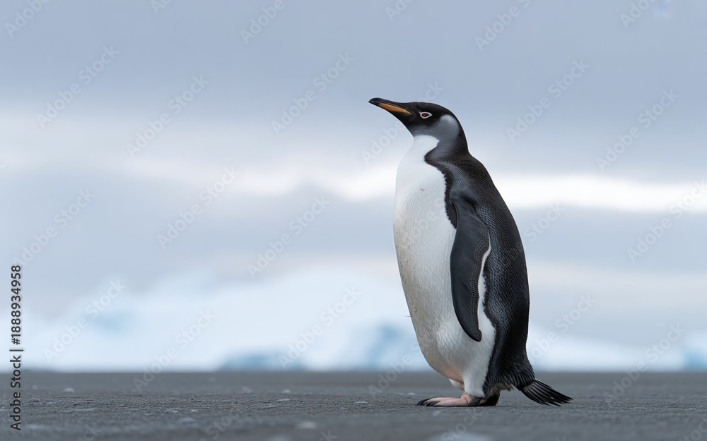 Obraz premium Lonely Penguin Standing Still and Looking Up at the Sky in a Vast Polar Landscape