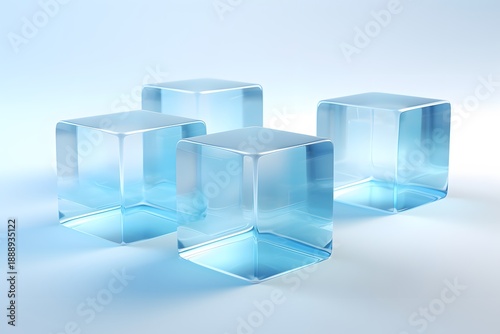 3D illustration of four transparent blue cubes with smooth rounded edges, arranged on a light gradient background in a minimal and modern style