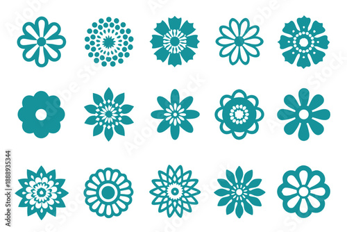 Bundle of Twenty One Black Flower Icons Representing Different Nature Species
