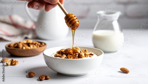 Close up of a hand drizzling golden honey onto a white bowl of yogurt and nuts with a pitcher of milk in the background, natural light.