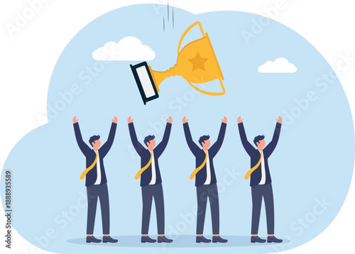 Victory Celebration Concept with Team Cheering for Falling Golden Trophy Cup