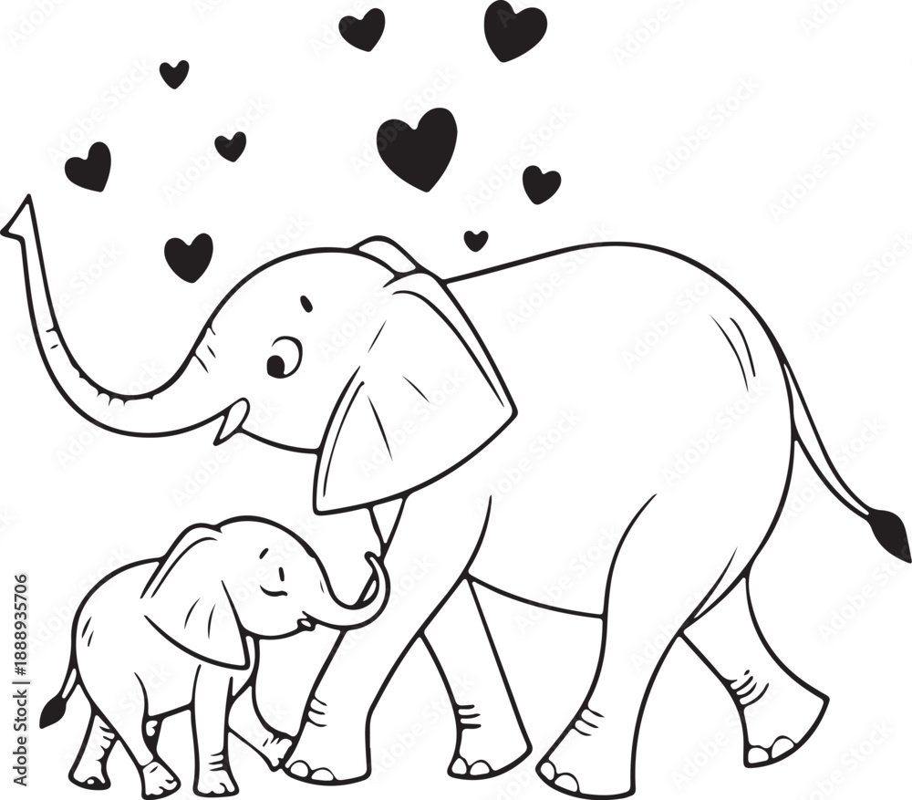 Obraz premium Cute Mother and Baby Elephant Line Art with Hearts - Coloring Page