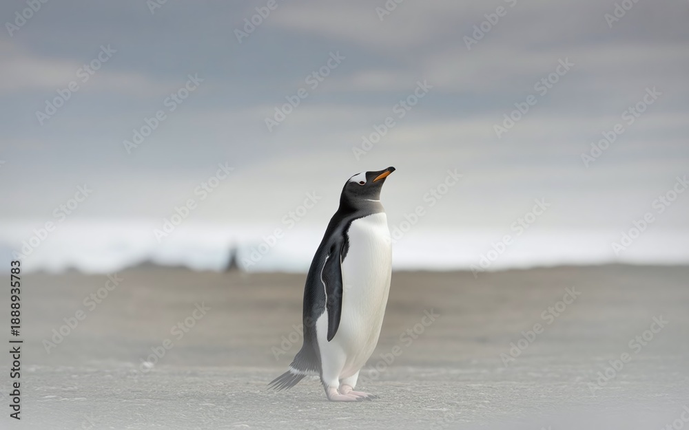 Obraz premium Lonely Penguin Standing Still and Looking Up at the Sky in a Vast Polar Landscape