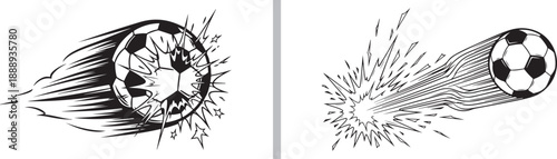 High-energy black and white vector sketches of soccer balls with explosive motion trails and impact splashes, capturing the intense power and speed of a professional strike.