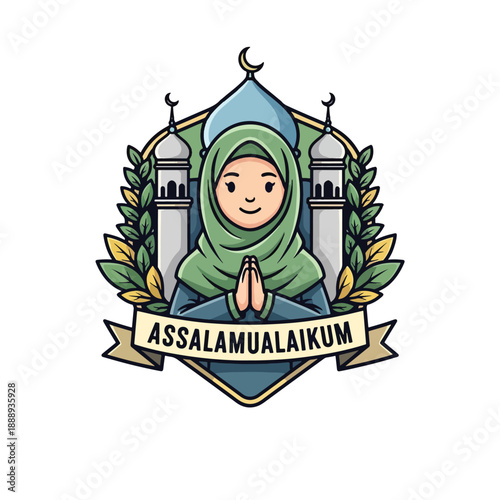 Assalamu Alaikum Islamic Greeting with Mosque and Woman.