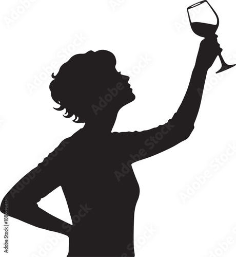 Profile Silhouette of Woman Holding Up Wine Glass for Tasting or Toast