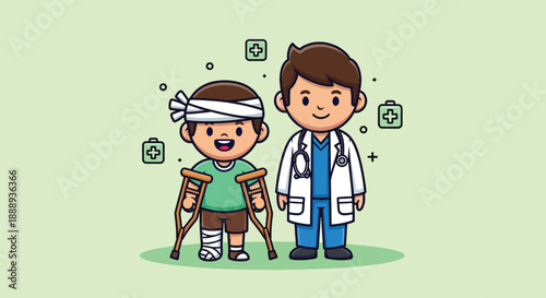 Cute Cartoon Doctor and Injured Child with Crutches and Bandages.