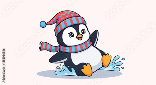 Cute Penguin Wearing Winter Hat and Scarf Sliding on Ice.