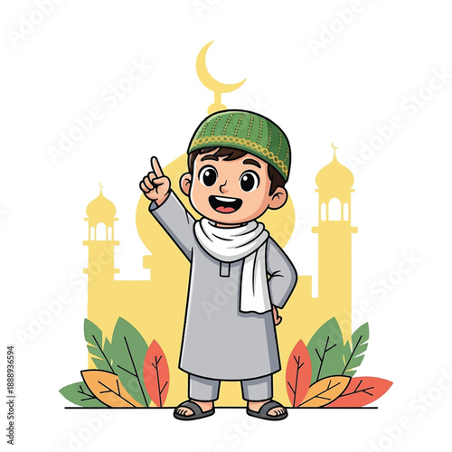 Cute Muslim Boy Standing in Front of Mosque with Crescent Moon.