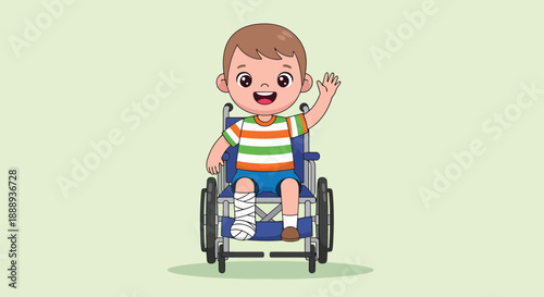 Cute Happy Boy in Wheelchair with Broken Leg Waving.