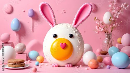 Surreal Easter bunny cake with pink ears and heart nose surrounded by colorful eggs and cookies on soft pink background creating whimsical festive atmosphere