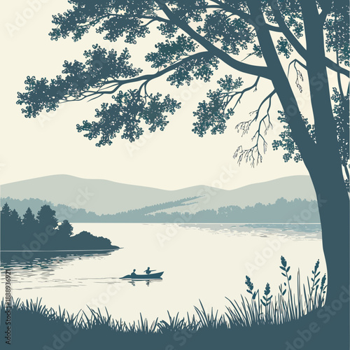 Serene lake landscape with distant rolling hills and calm water reflecting the sky, peaceful countryside scene, vector art.