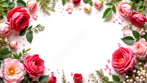 Surreal floral frame with pink and red rose flowers and green leaves arranged on white background creating delicate and romantic atmosphere perfect for elegant design