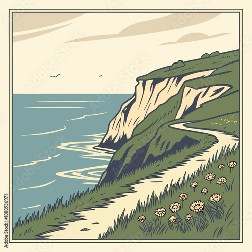 Dramatic coastal cliff landscape overlooking the majestic ocean, modern flat vector art of seaside grandeur.
